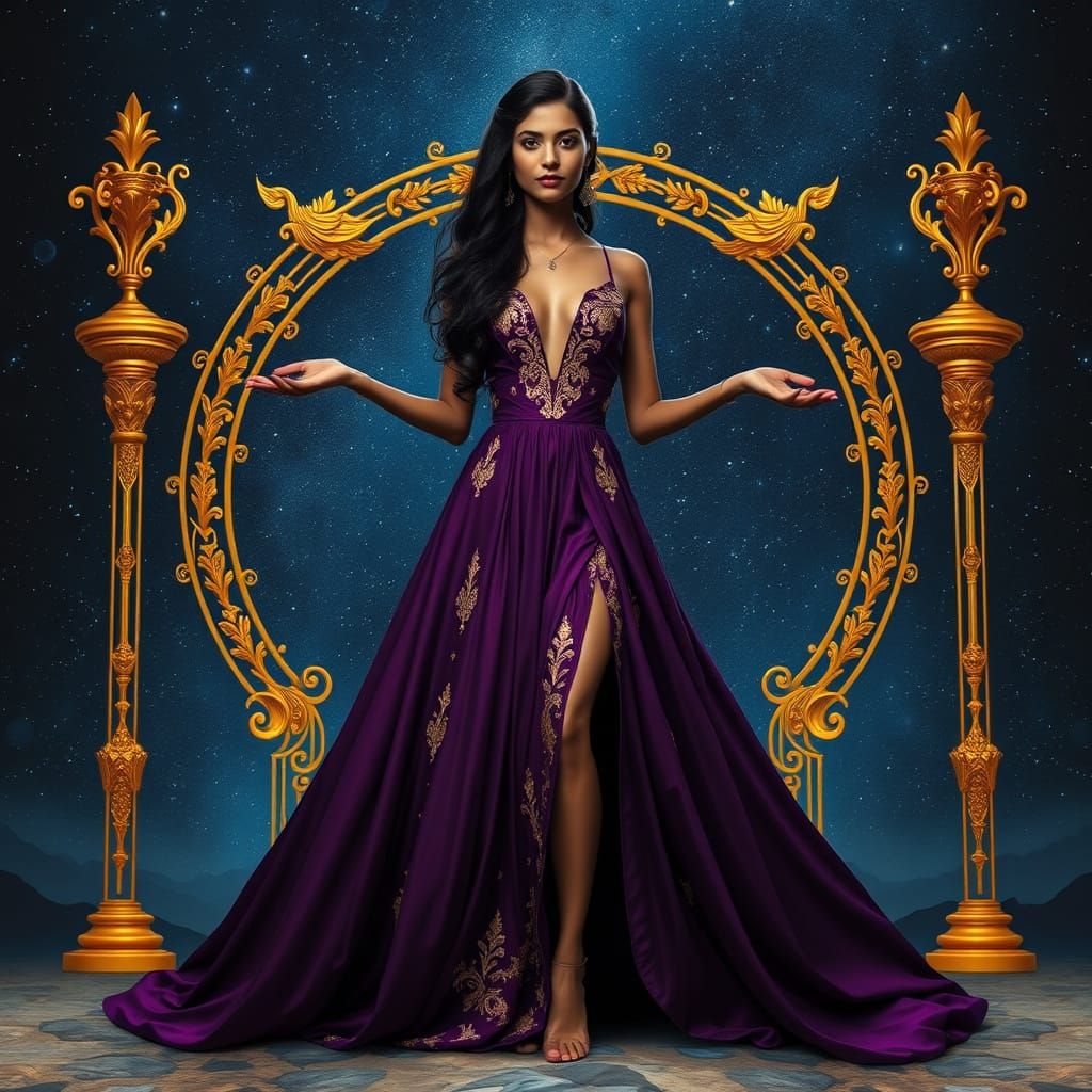 Celestial Woman in Opulent Gown Amidst Stars