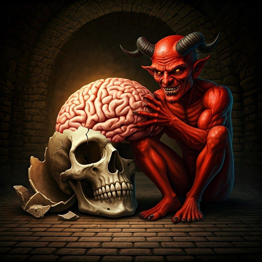 Red Demon Extracting Brain in Gothic Dungeon
