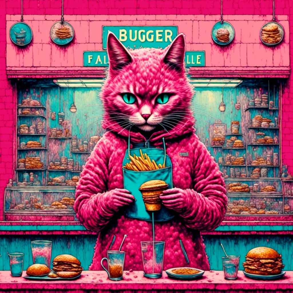 Pink Cat Riding Hood at 1960s Burger Shop