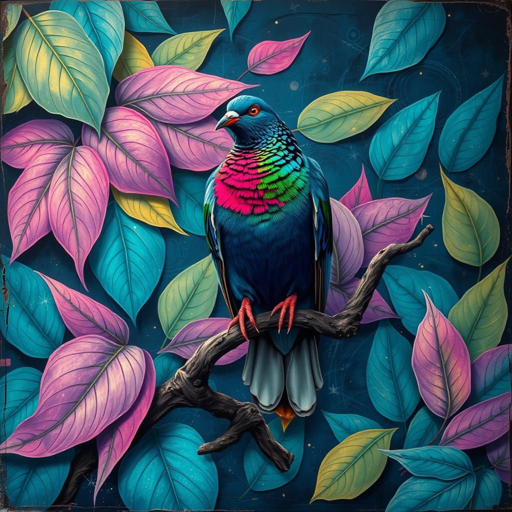 Surreal Pigeon Amidst Vibrant, Psychedelic Landscape