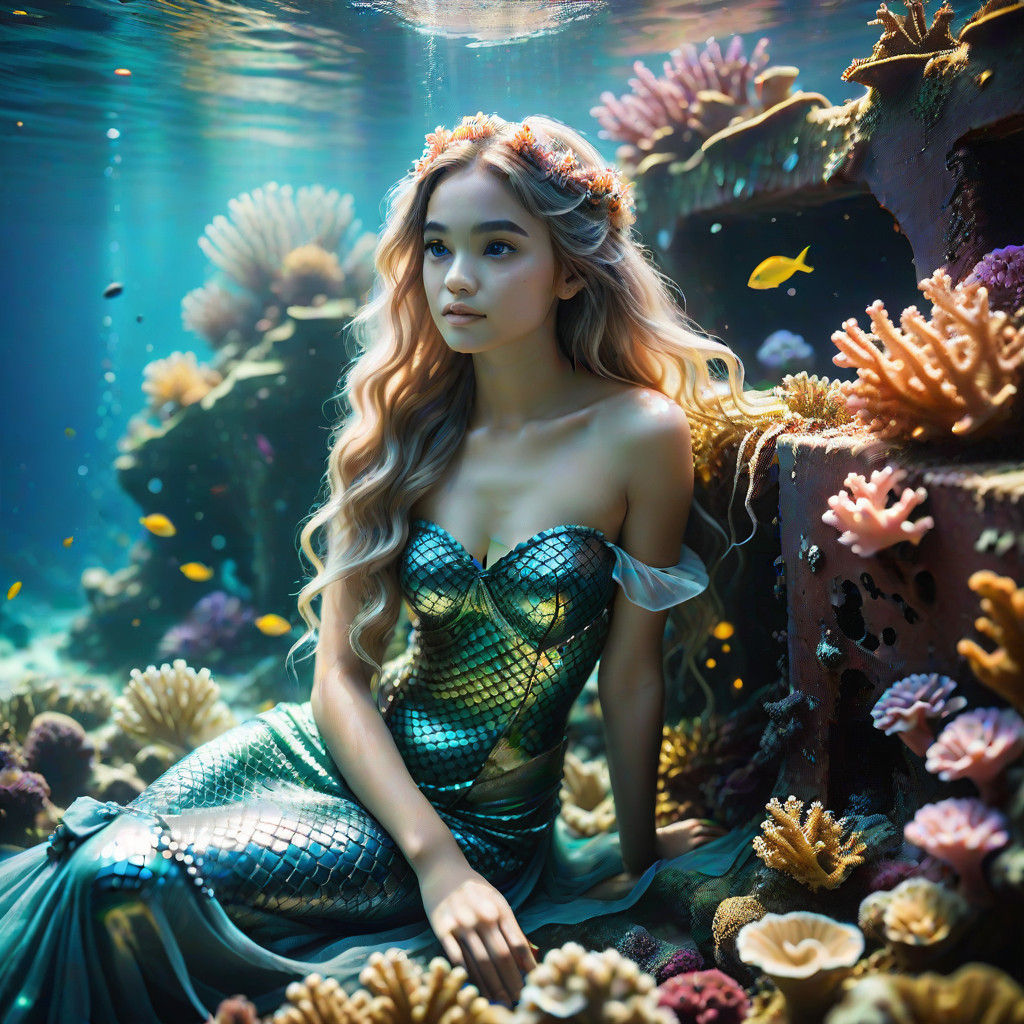 Ethereal Mermaid in Titanic Wreckage, Shimmering in Pastel H...