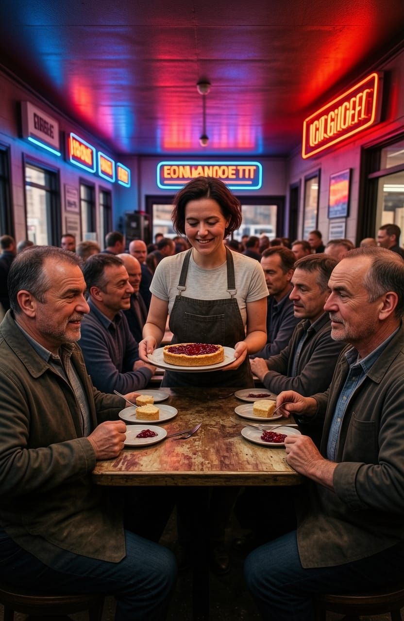 Waitress Serves Cherry Pie at Neon-Lit Truck Stop Diner