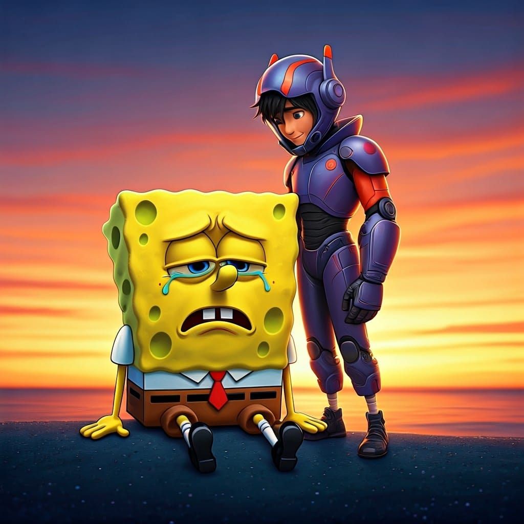 SpongeBob Comforted by Hiro in Pixar Disney Style