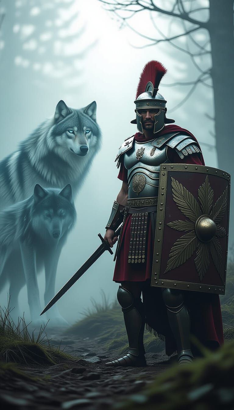 Roman Legionary Guards Misty Forest with Spectral Wolf