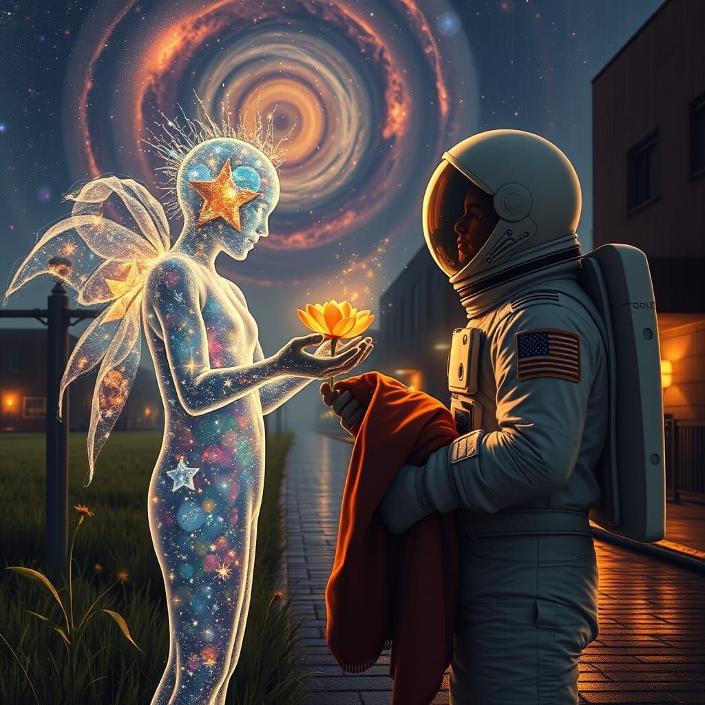 Celestial Being Revives Flower in Cosmic Art Style