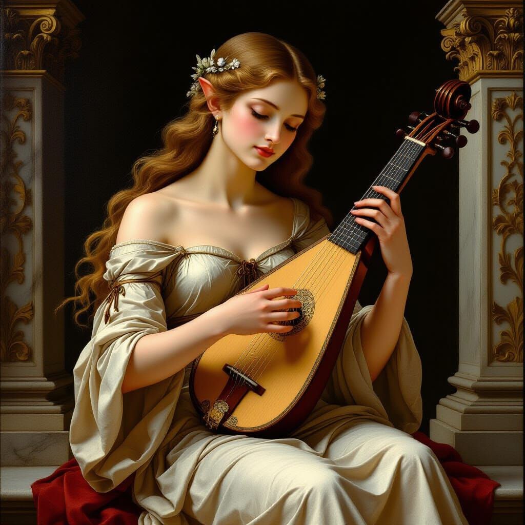 Renaissance Elf Woman Playing Lyre in Michelangelo Style