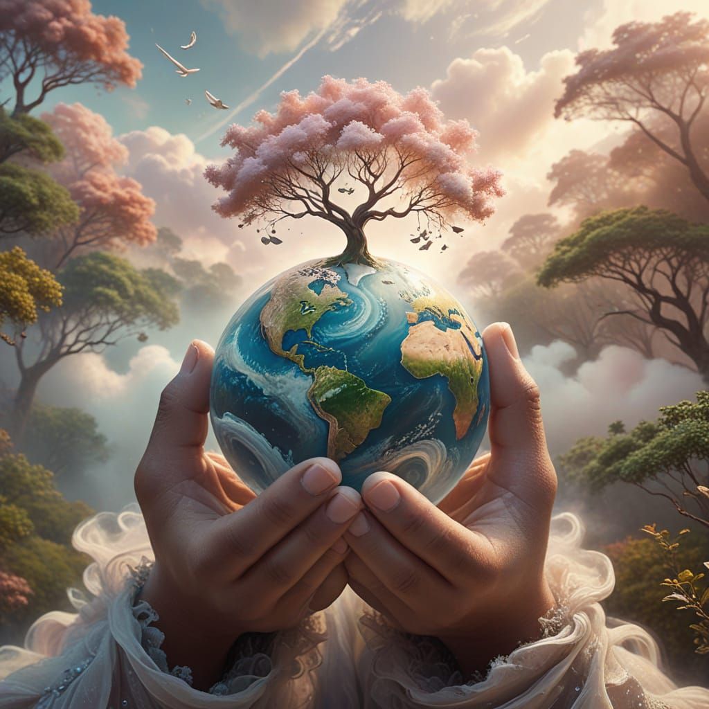 Ethereal Hands Cradle Earth in Surrealist Art