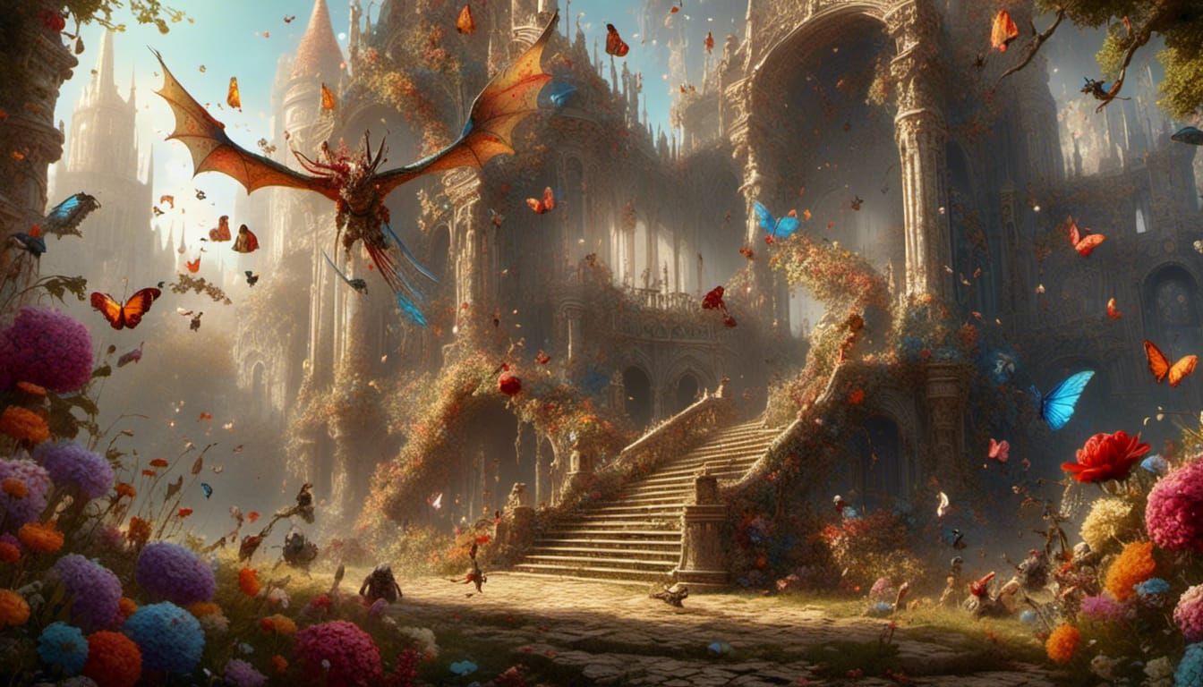 Dragon Over Castle in Springtime RPG Game Style