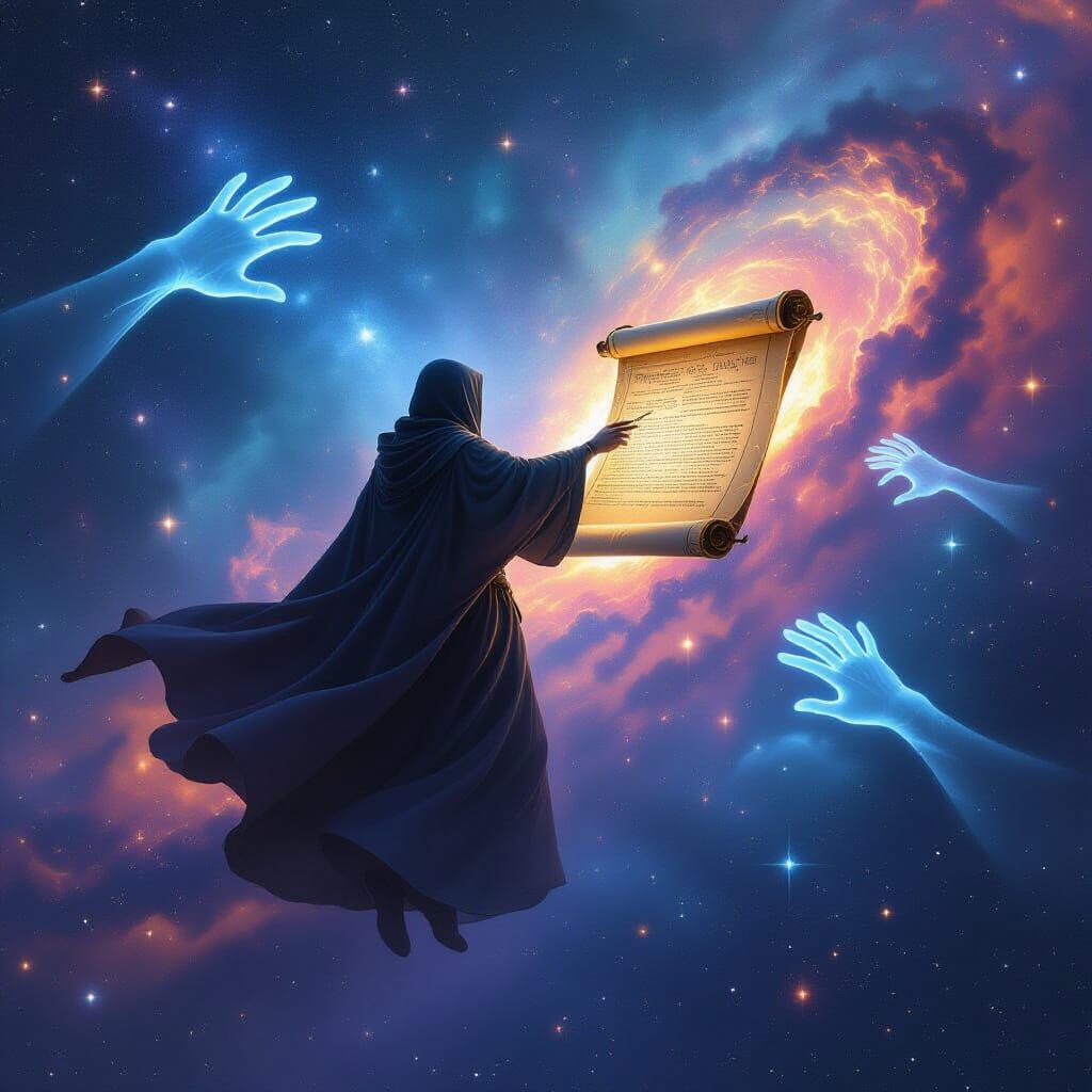 Robed Figure Controls Constellations in Starry Galaxy