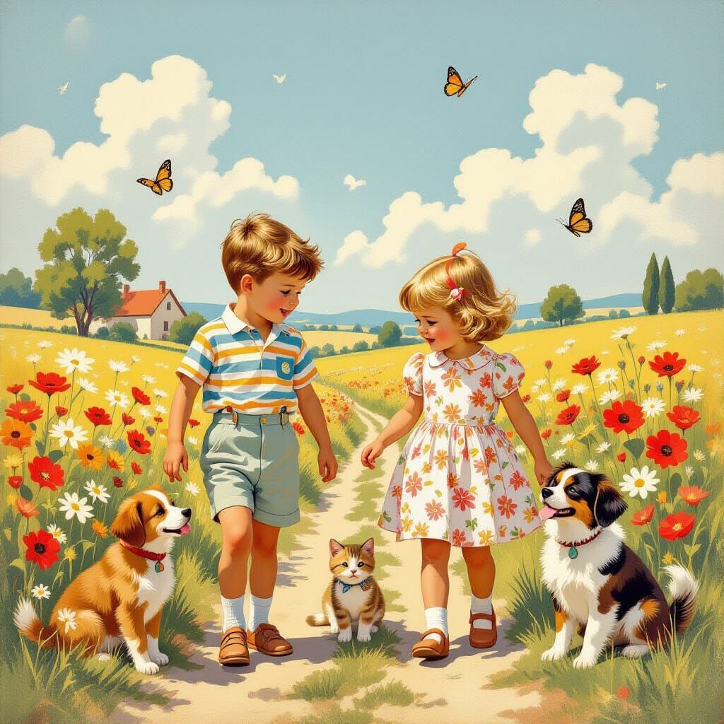 Children Explore Sunny Countryside in Classic Illustration S...