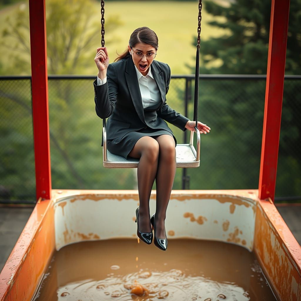 Female CEO About to Fall into Manure Dunk Tank