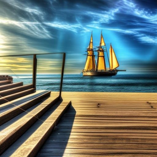 Seaside Stairs and Sailing Ships in Golden Light