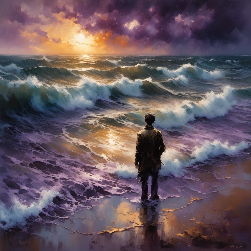 Seaside Storm at Golden Hour, Man on Beach