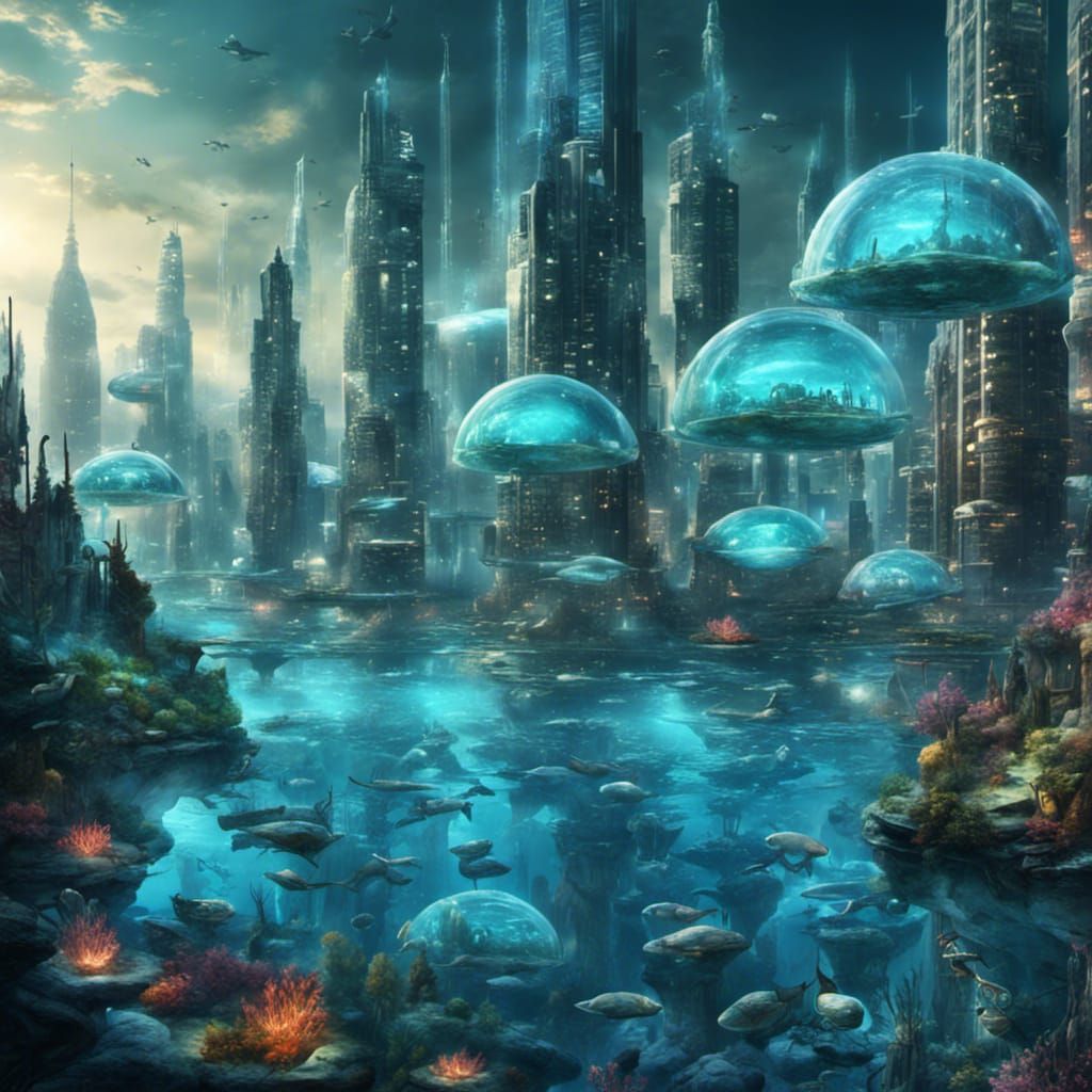 Futuristic Undersea Metropolis with Bioluminescent Life