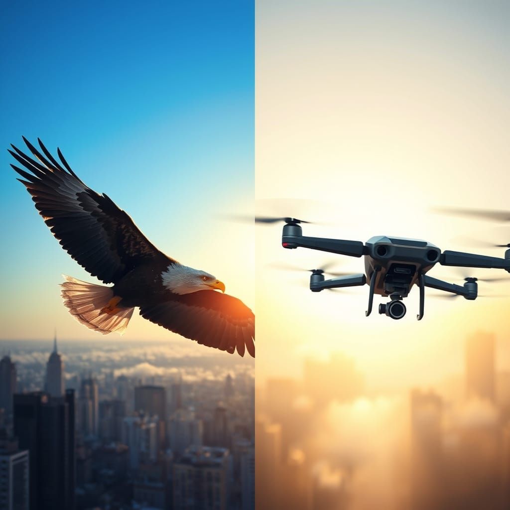 Eagle Soars Past Drone in Contrasting Sky Photo-Illustration