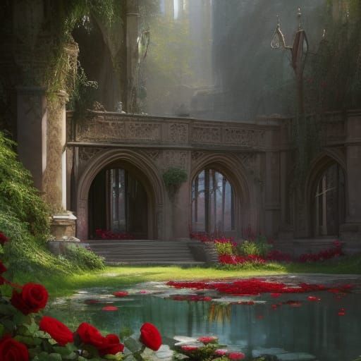 Victorian Garden: Crimson Roses and Turquoise Creek