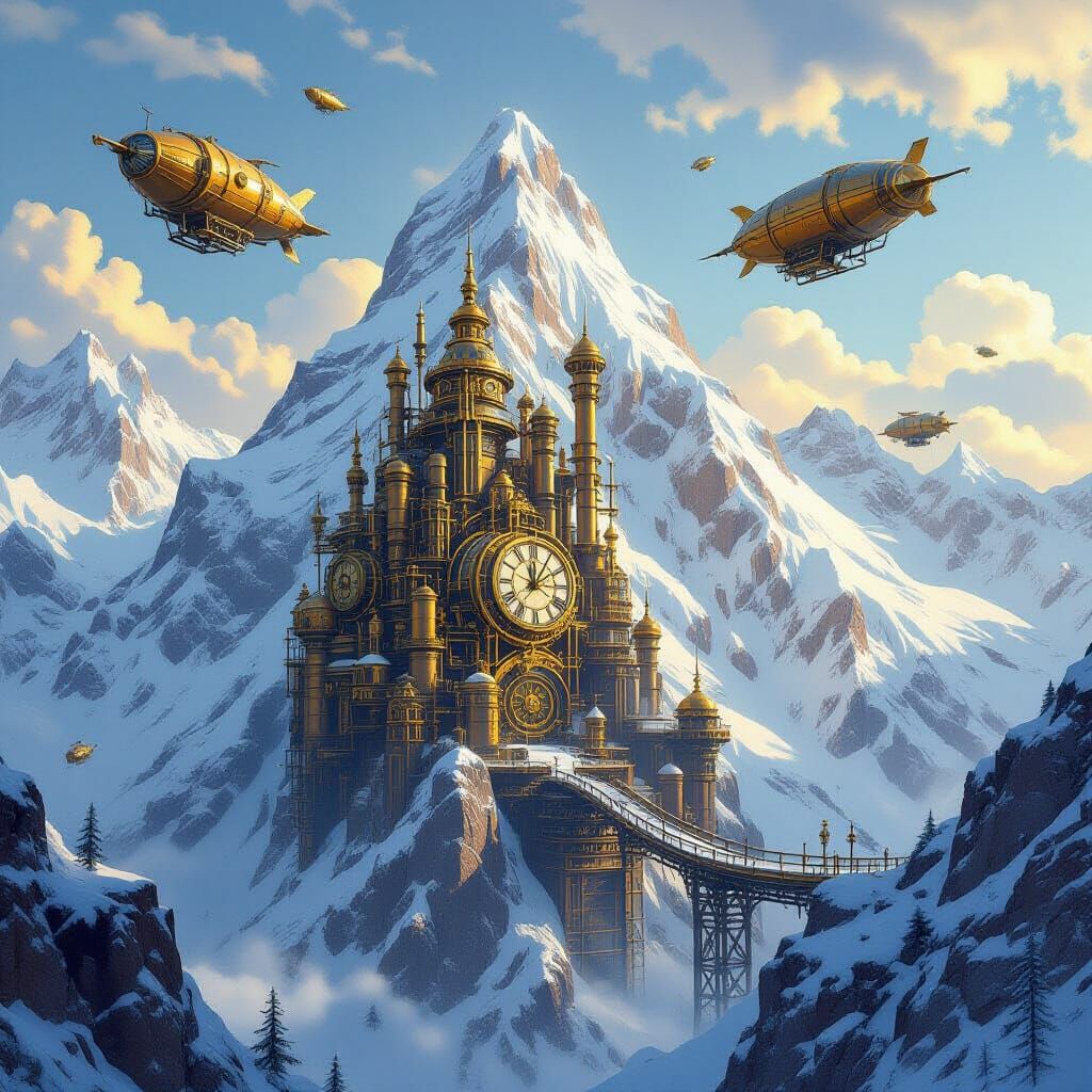 Steampunk City on Snow-Capped Mountain Peak Landscape Painti...