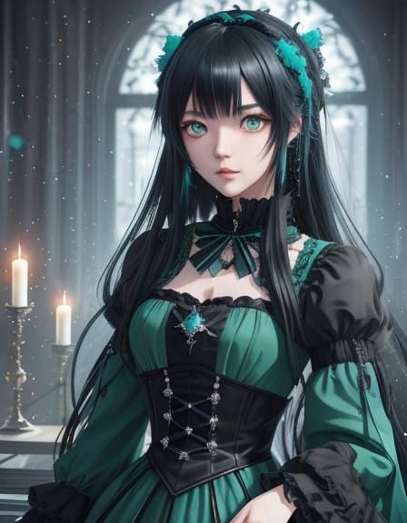 Anime Goth Girl with Emerald Gemstones, 3D Render