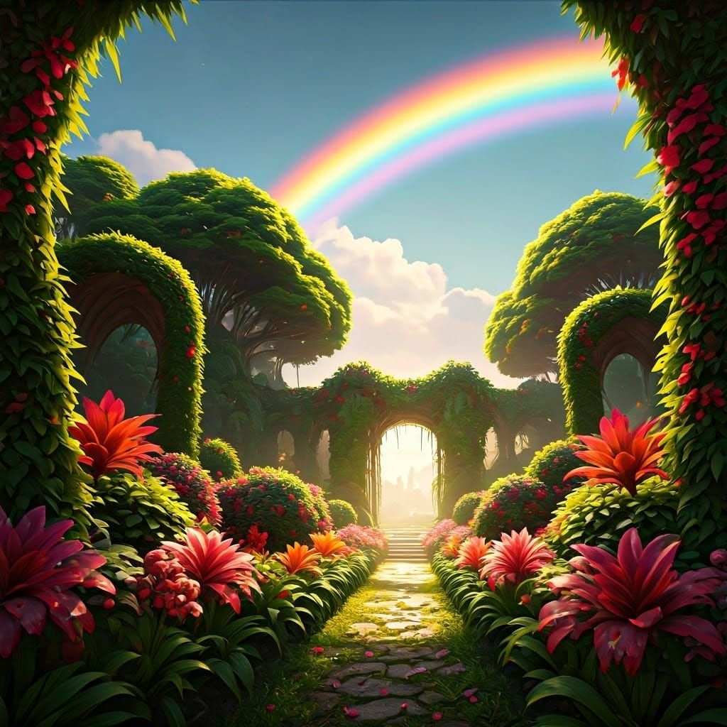 Vibrant Garden Under a Radiant Rainbow