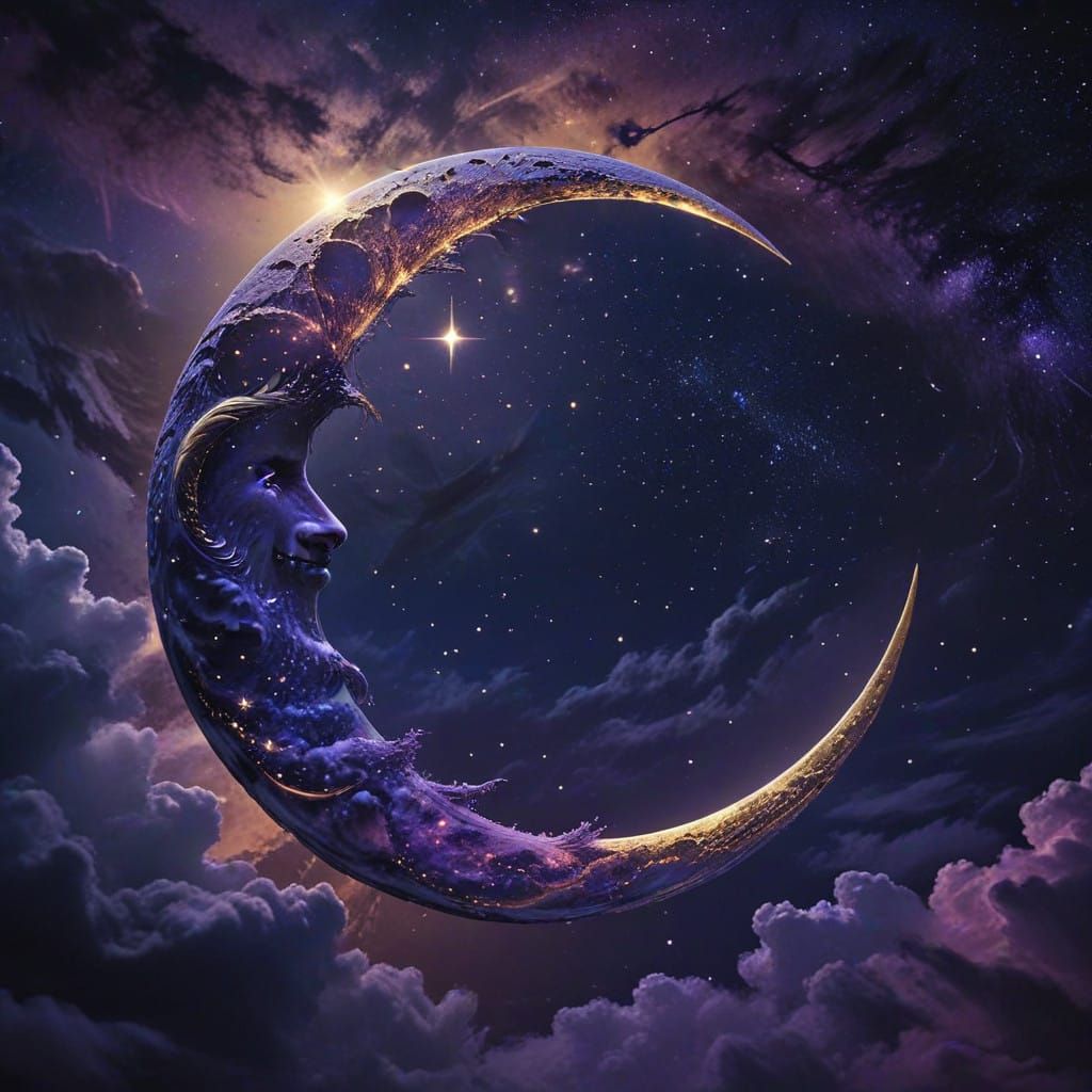 Golden Crescent Moon in Iridescent Night Sky