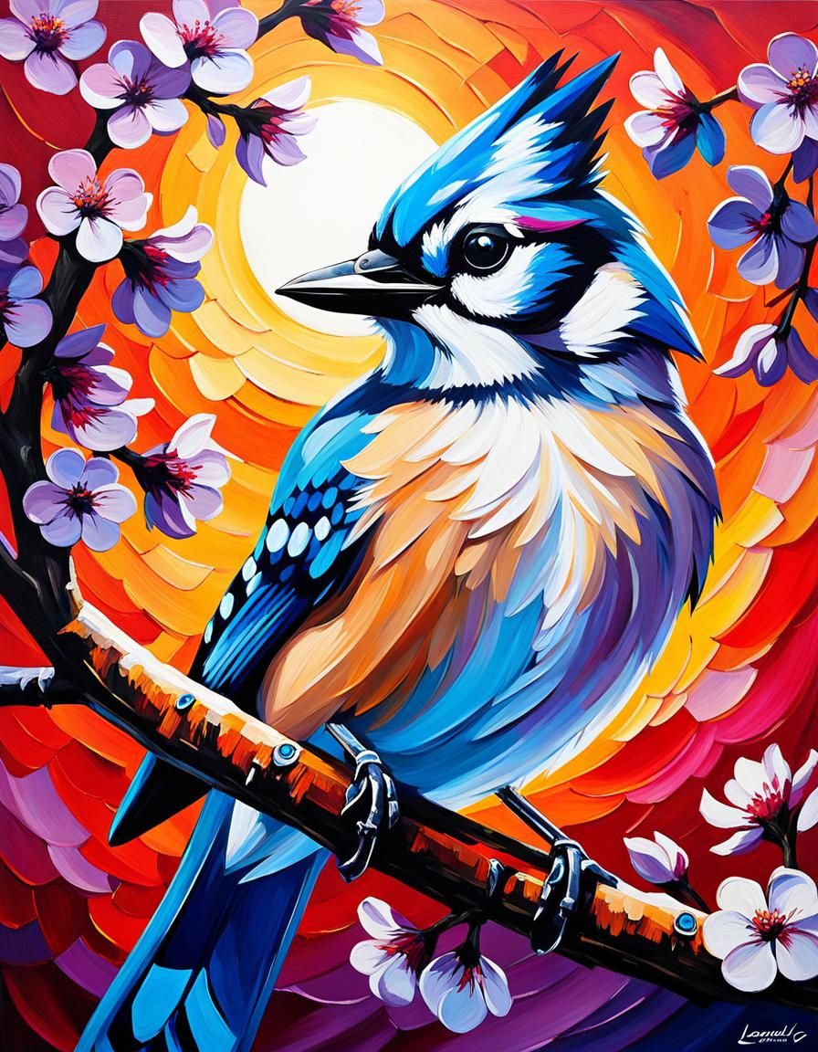 Blue Jay in Cherry Tree: Expressionist Oil Painting