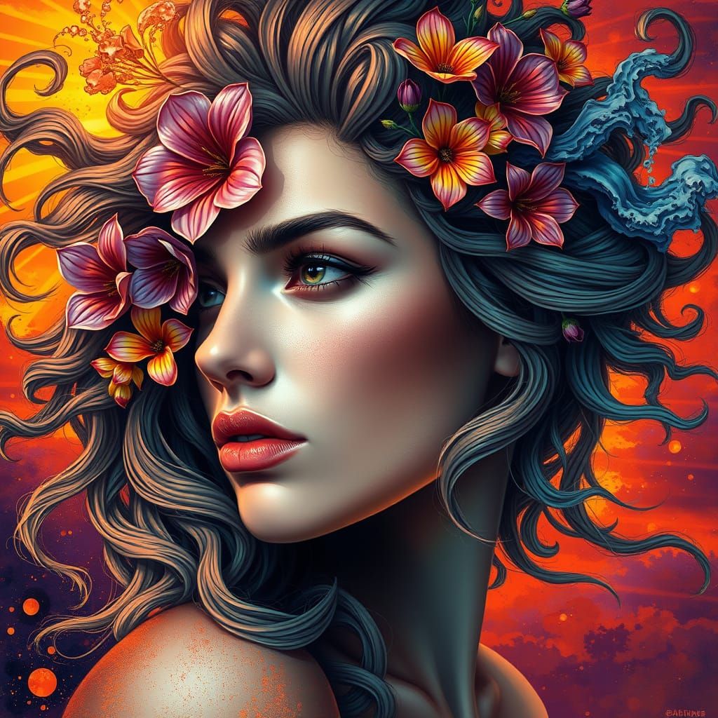 Woman with Floral Hair Amidst Fiery Waves