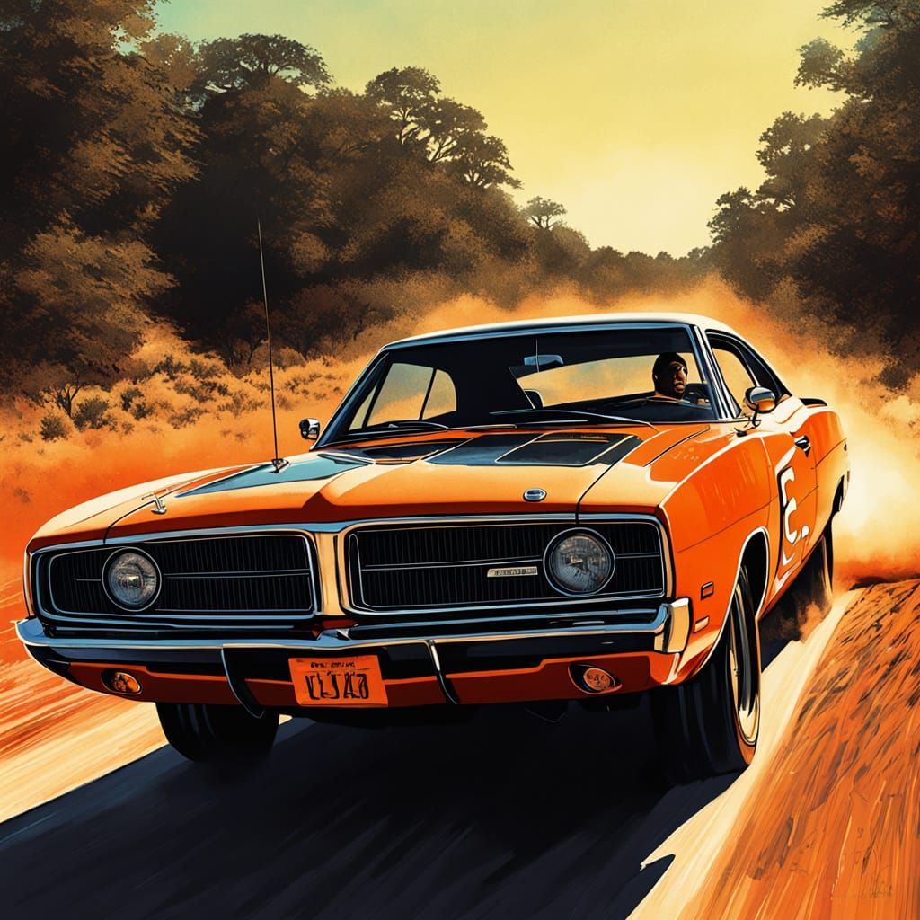 General Lee Charger Speeds Down Dusty Road in Comic Style