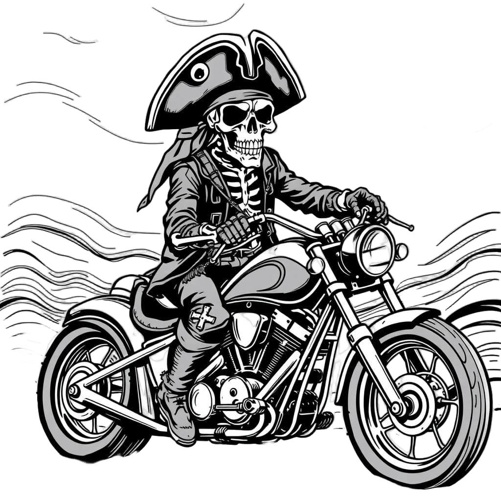 Surreal Black and White Skeleton Pirate Captain Rides Choppe...
