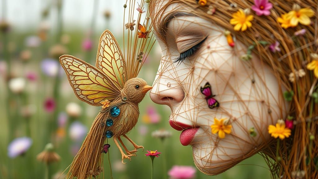 Woman of Strings Kissing Butterfly Bird