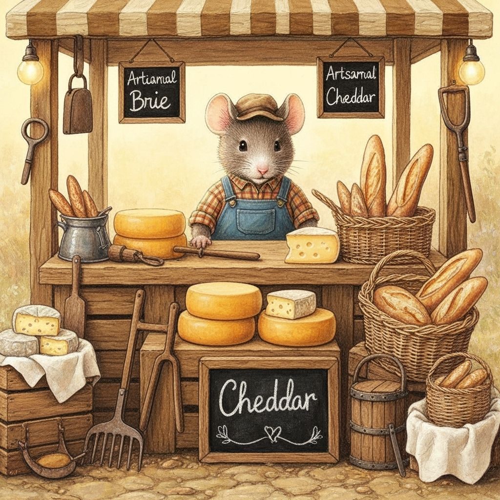 Mouse Farmer's Cheese Stall in Beatrix Potter Style