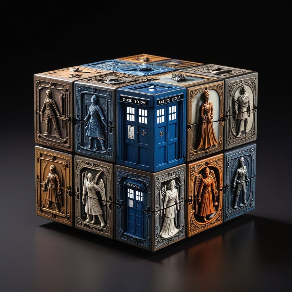 Surreal Doctor Who Rubik's Cube in Intricate Artistic Style