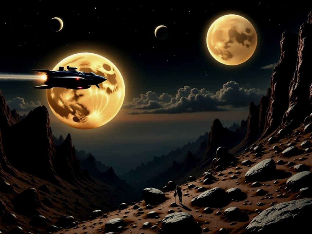 The space ship flies toward the golden moon