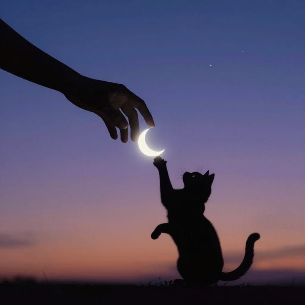 Cat Reaches for Moon on Right Side