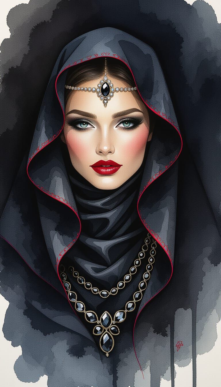 Onyx Jewel: A Portrait in Watercolor and Ink