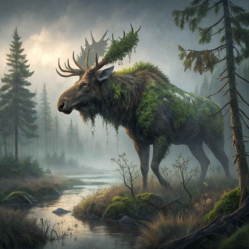 Majestic Forest Creature in Eerie Mystical Landscape