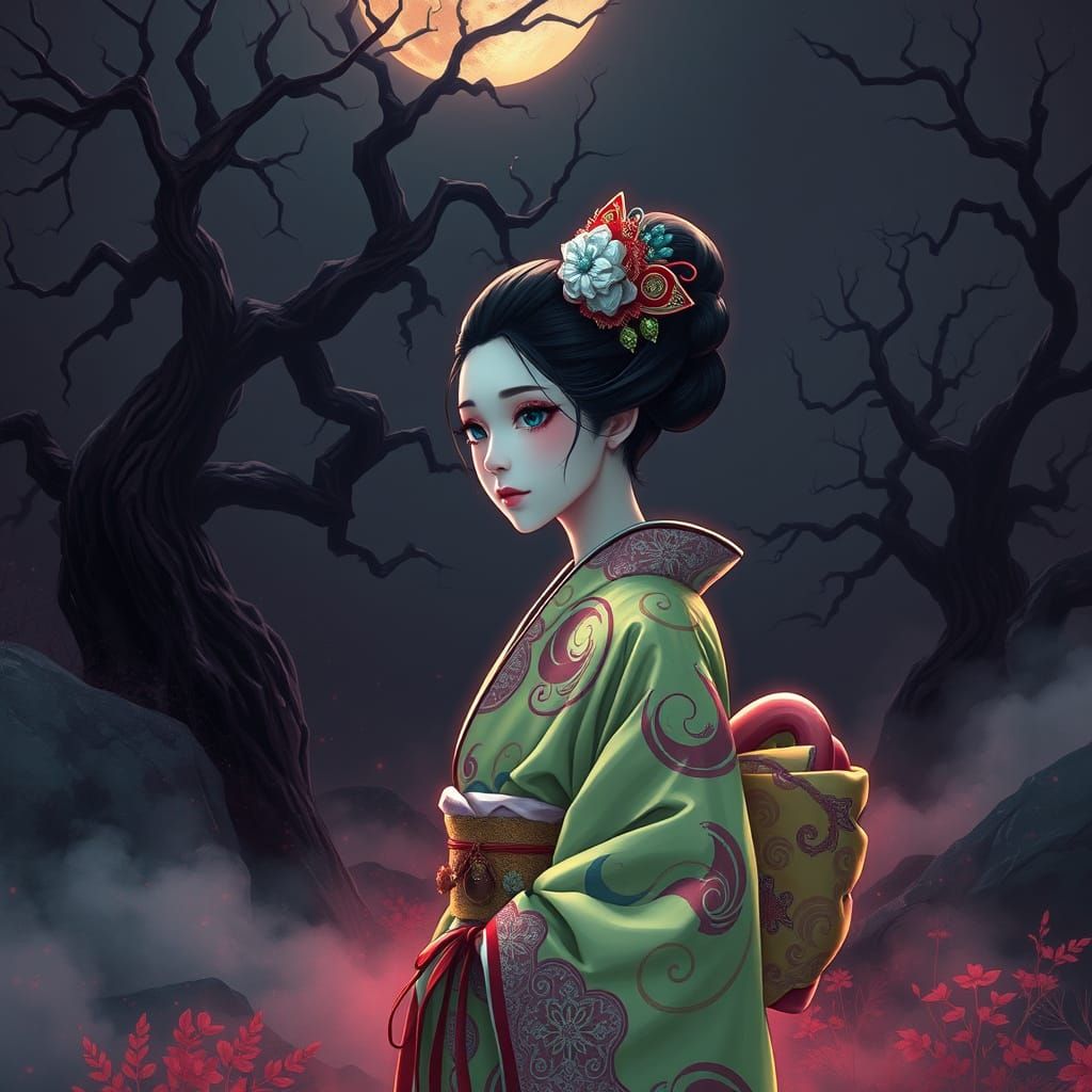 Maiko Geisha in Chartreuse Kimono, Surreal Landscape