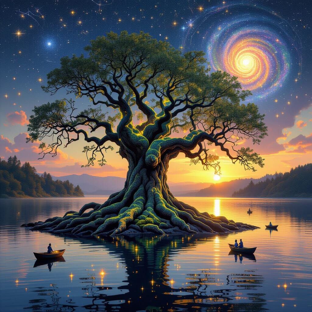 Mystical Tree on Starlit Lake: Klimt-Inspired Abstraction