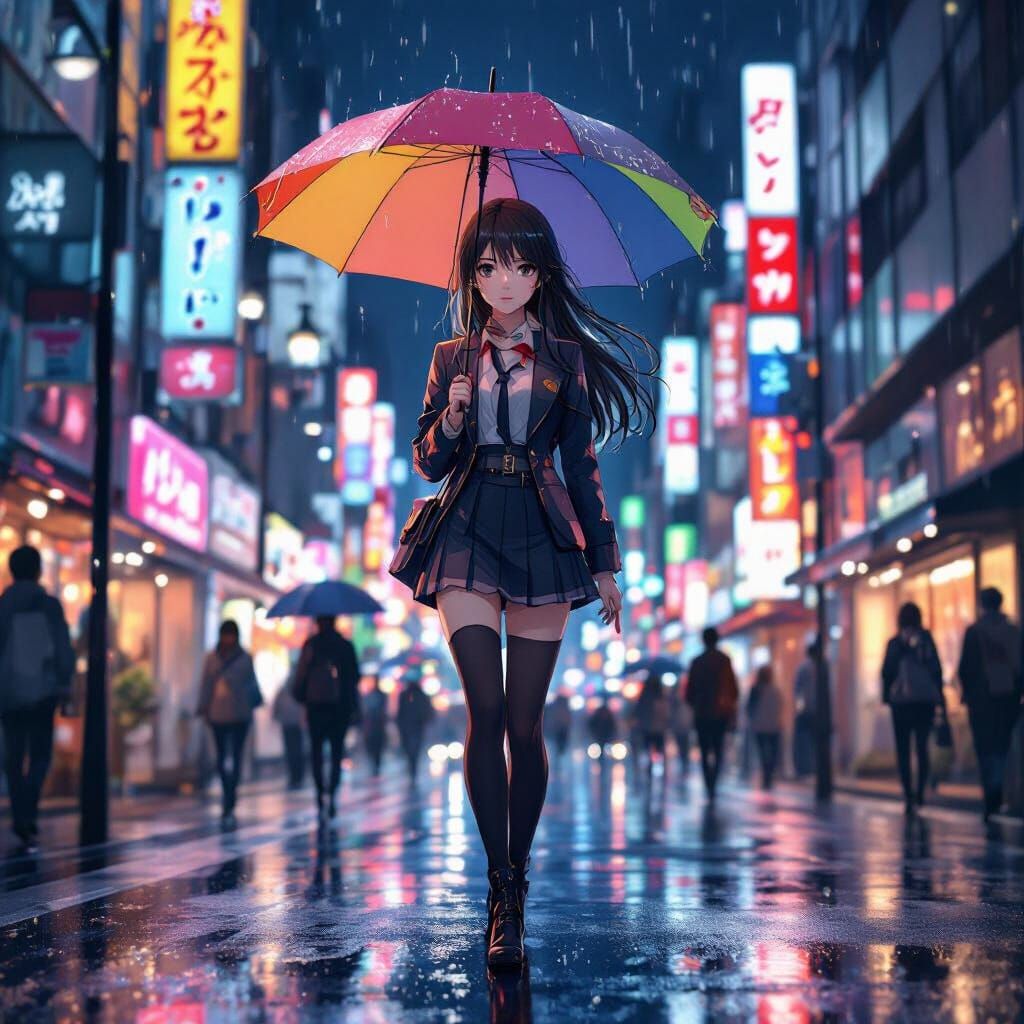 Anime Woman Walks Tokyo Street in Photorealistic Style