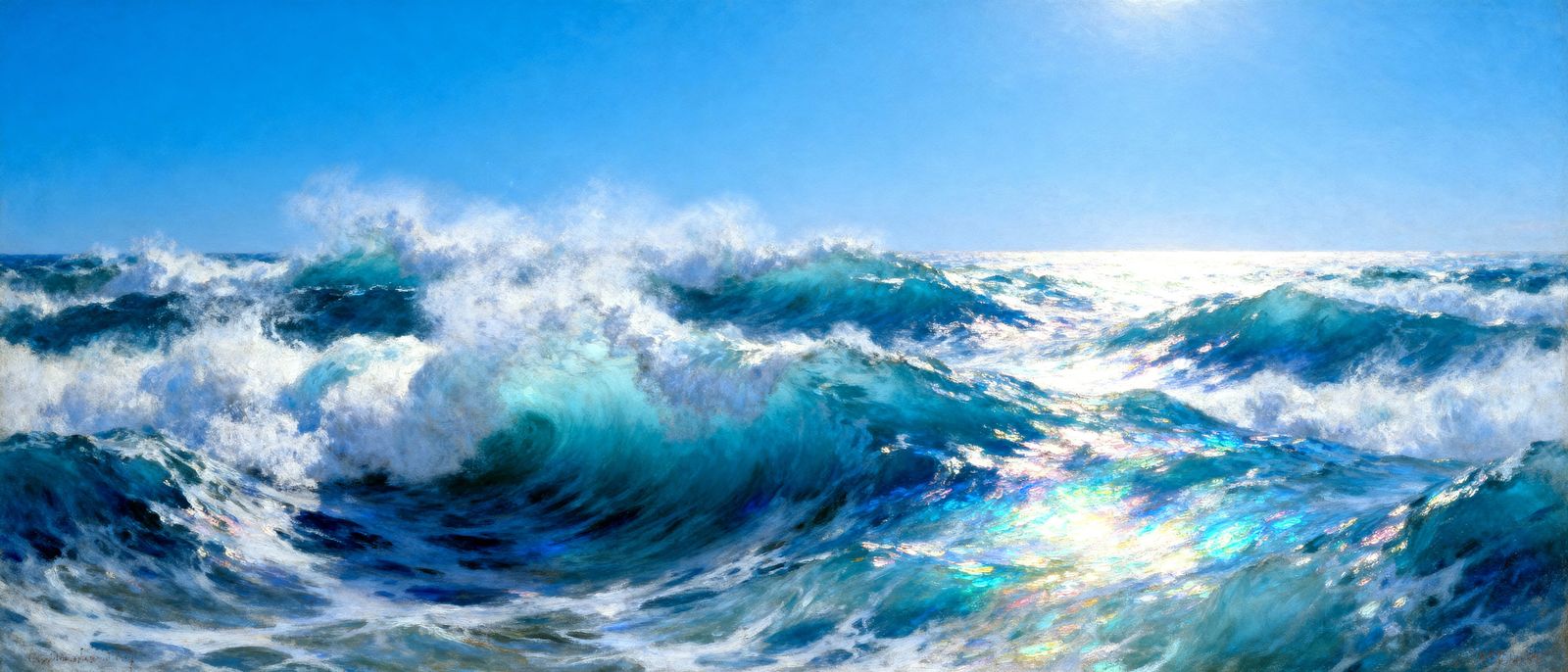 Violent Ocean Waves Under Clear Sky, Romantic Seascape Style