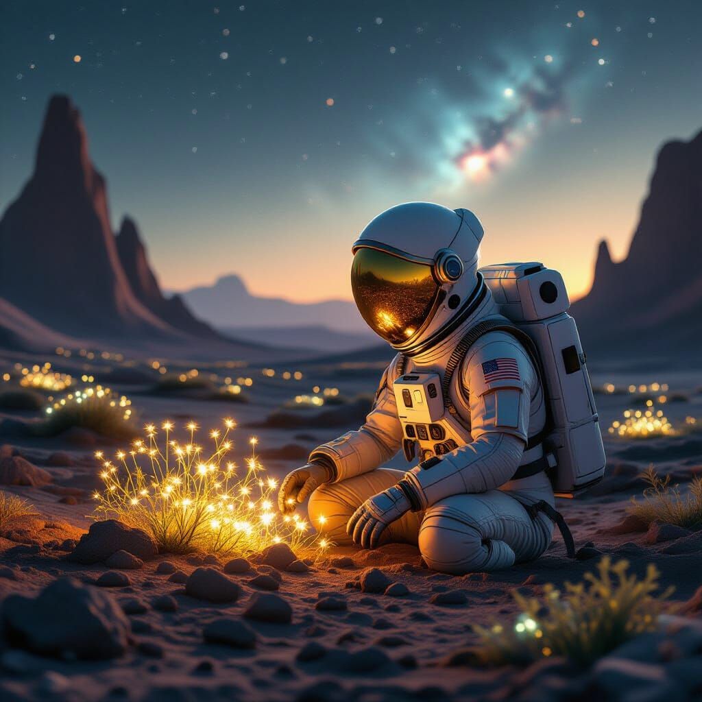 Astronaut Tends Alien Garden Under Nebula Sky