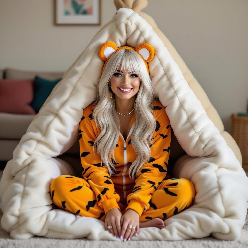 Woman in Tigger Onesie Enters Cushion Fort