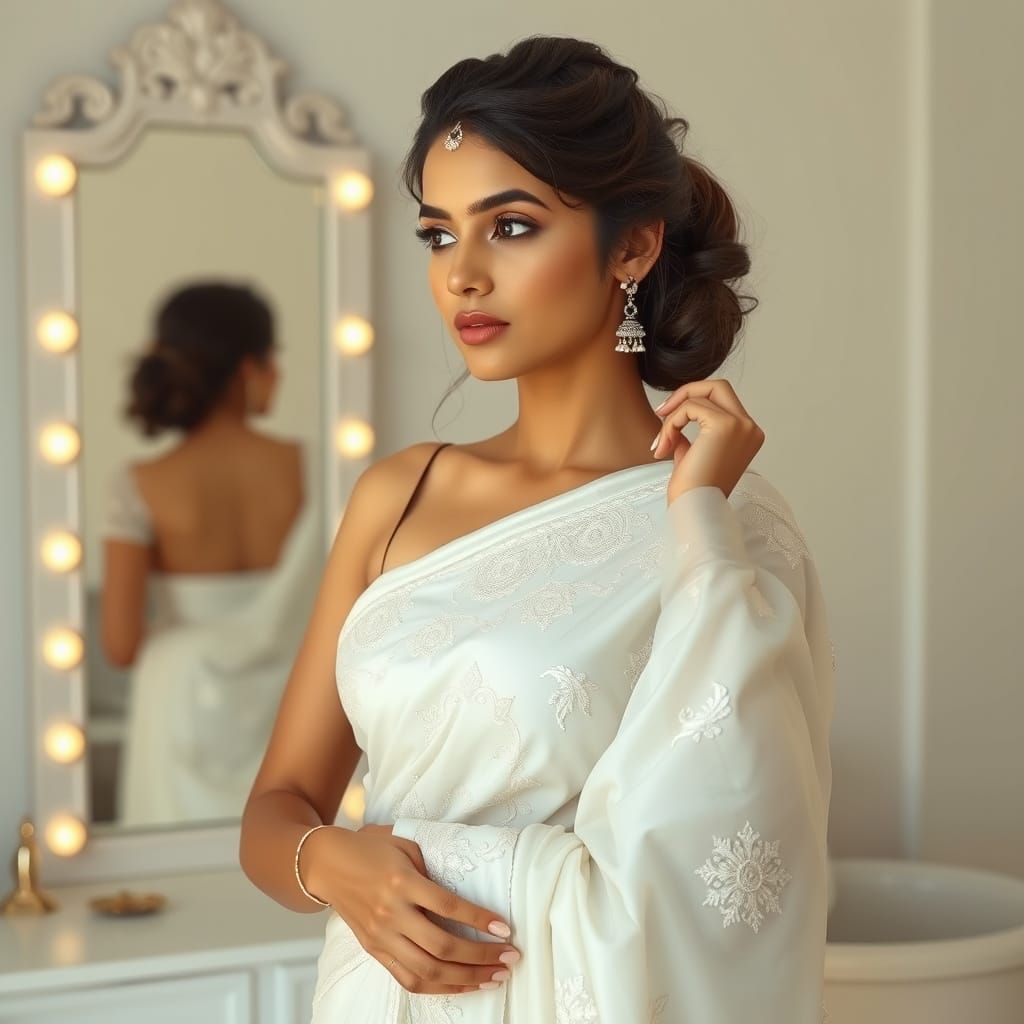 Woman in White Saree Adjusting Her Hair