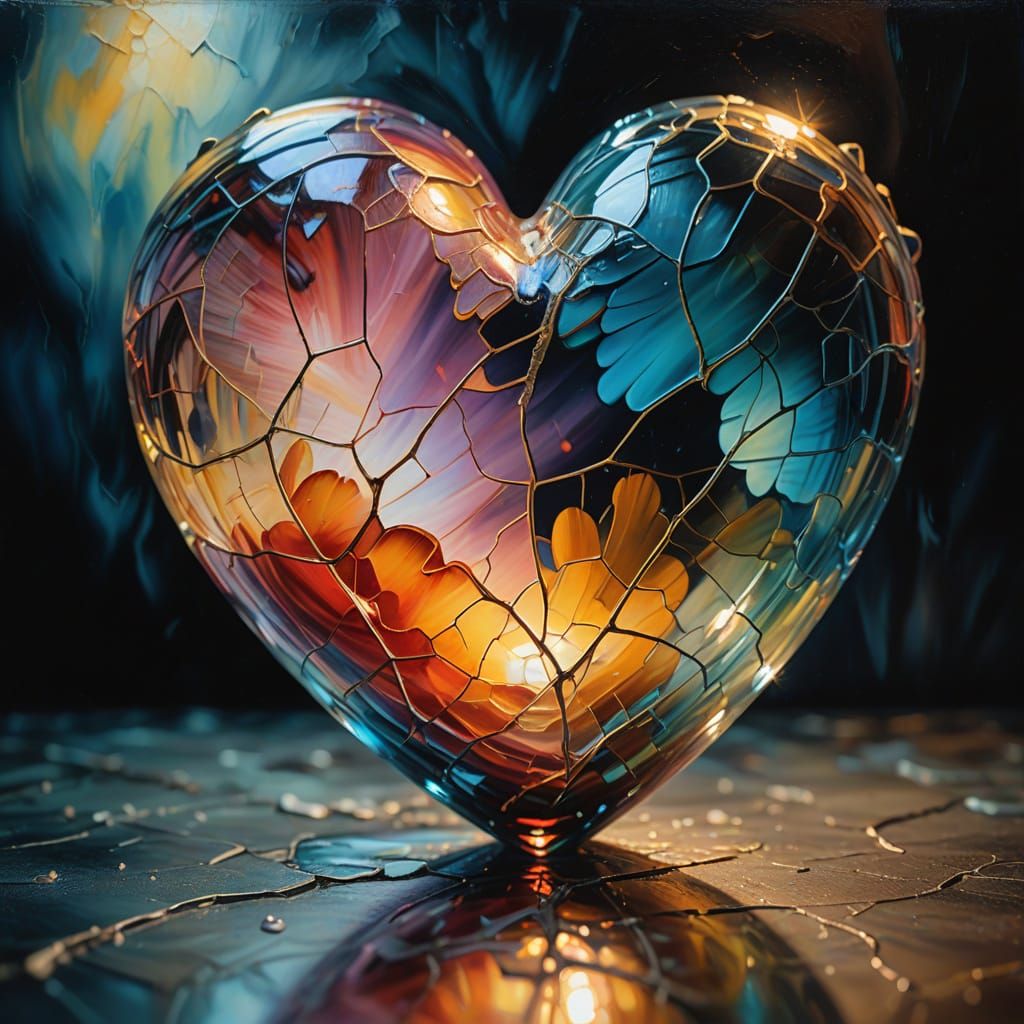 Cracked Glass Heart in the Darkness: Surreal Oil Painting
