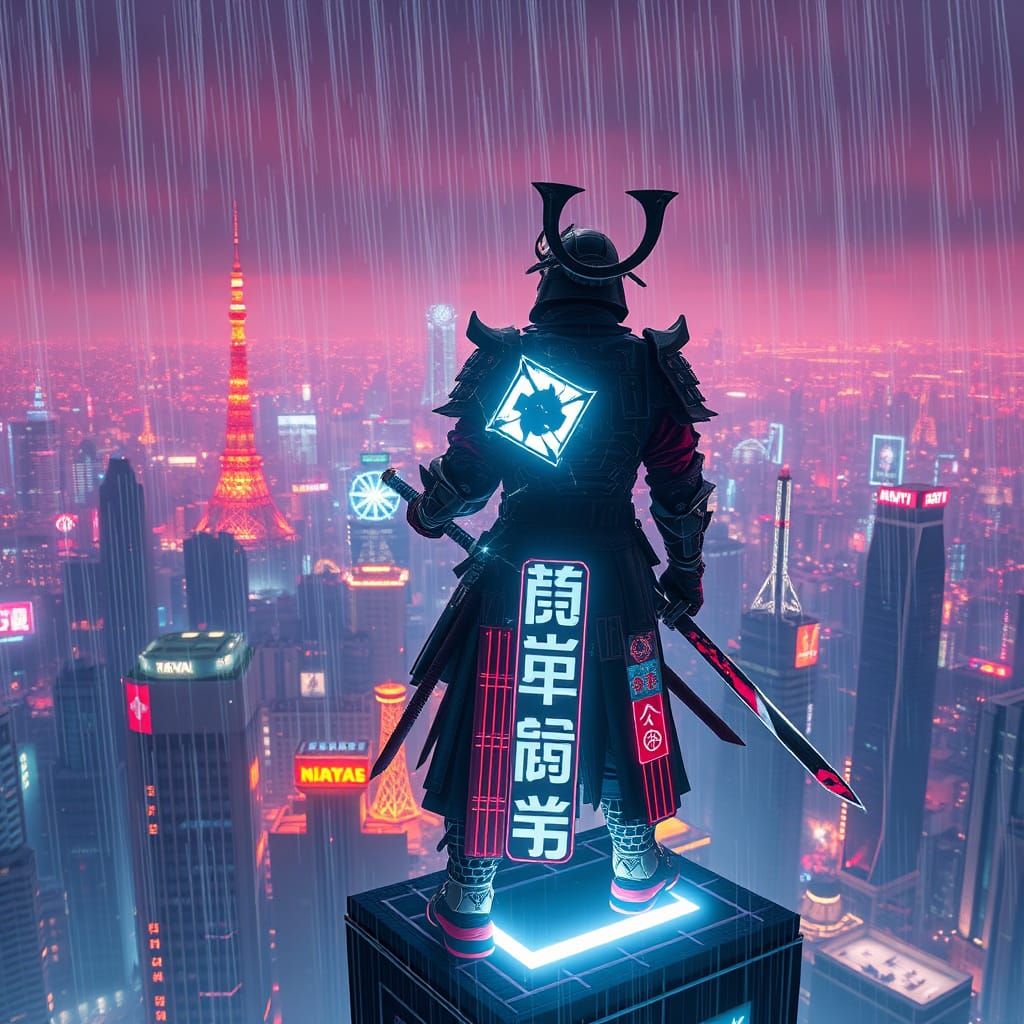 Cyberpunk Samurai Warrior Overlooking Tokyo in Neon Rain