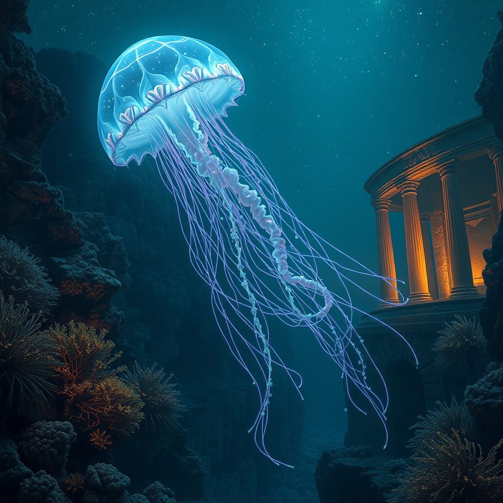 Bioluminescent Jellyfish Gliding Through Underwater Abyss