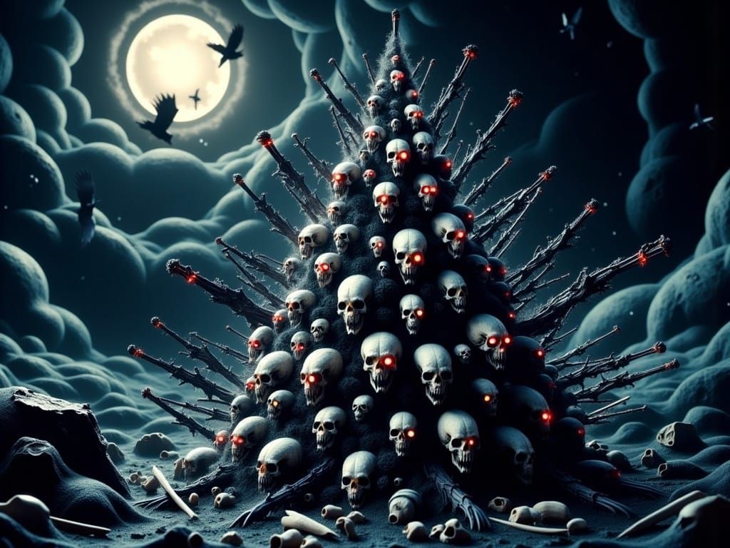 Dark Cyberpunk Tree of Glowing Skulls and Bones