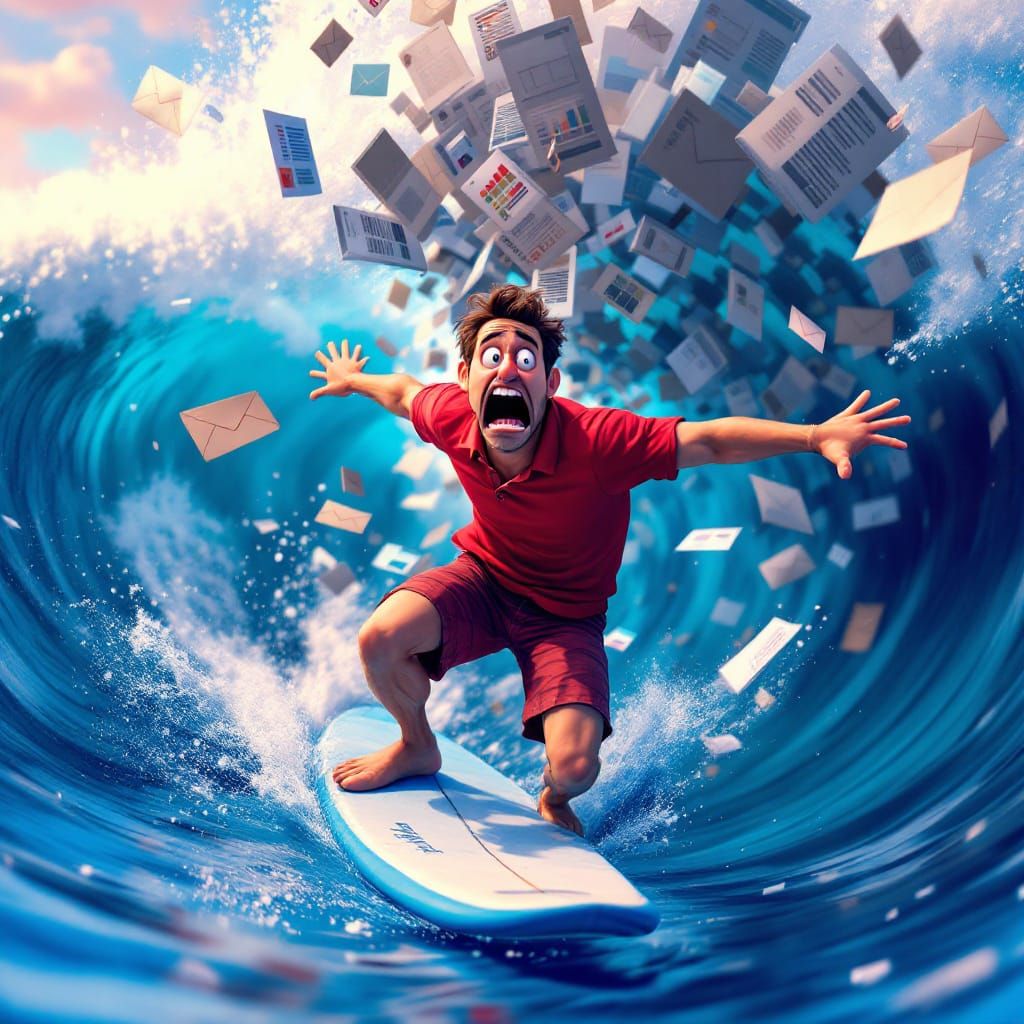 Comically Panicked Man Rides Wave of Business Emails