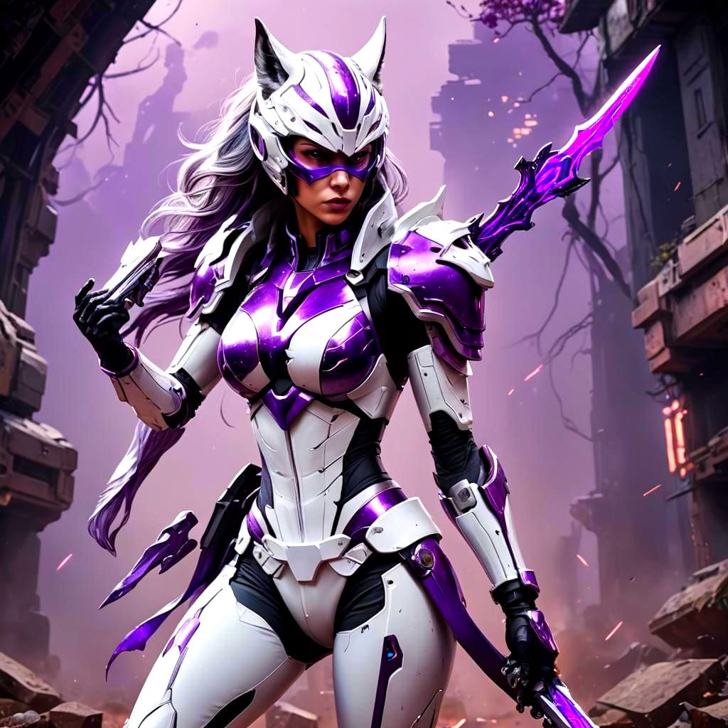 Cybernetic Wolf Superheroine with Kunai, Digital Art