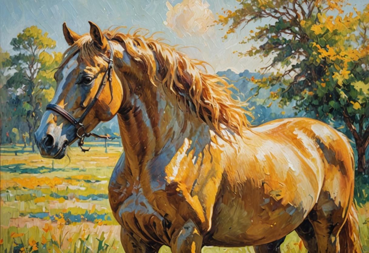 Golden Horse in Sunshine: Impressionist Oil Painting