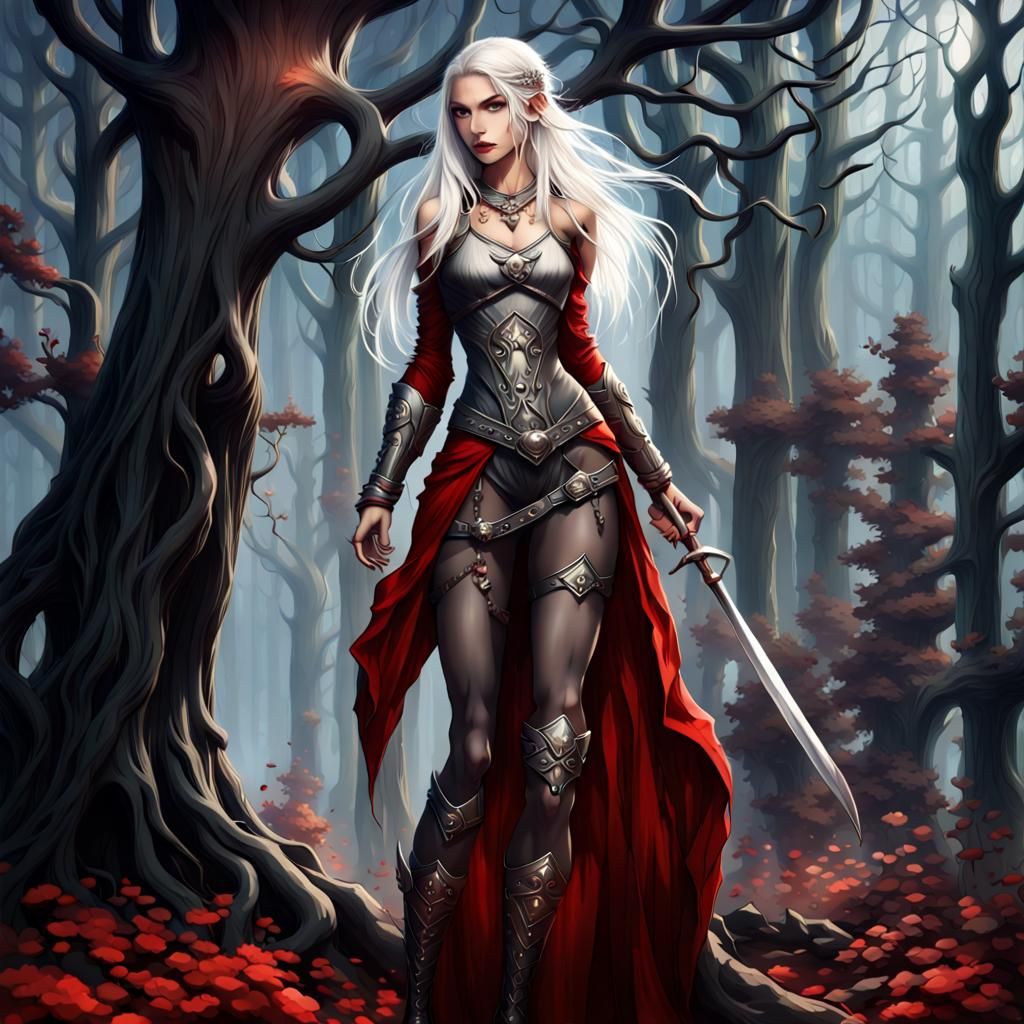 Tall Beauty with White Hair in Dark Fantasy Realm